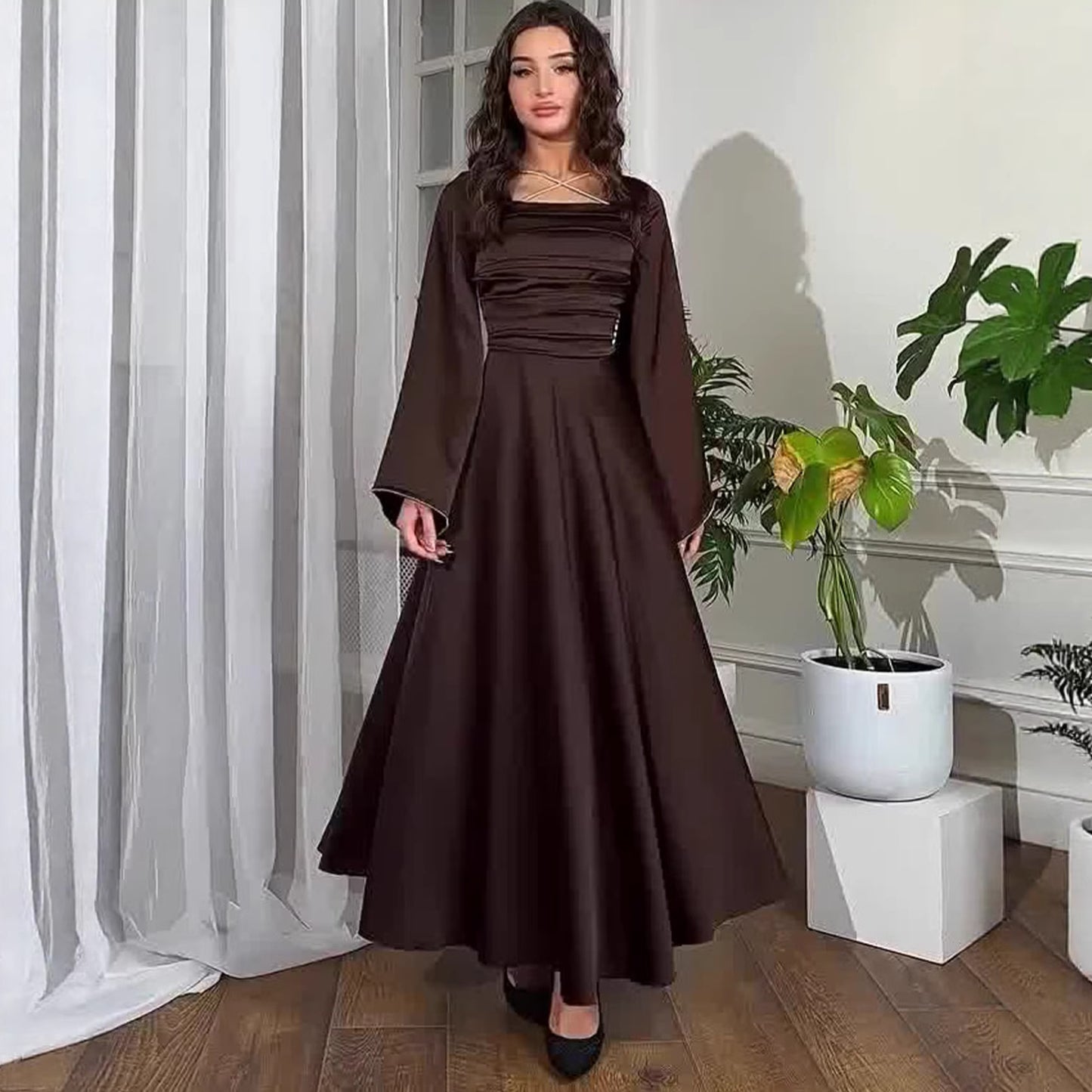Women's Square Neck Tie Waist Fitted Long Sleeve Satin Dress – Blue, Dark Red & Coffee