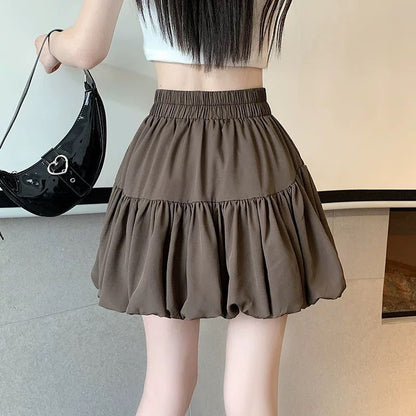 Women's Pleated A-Line Mini Skirt – Elastic Waist Bubble Skirt with Lining