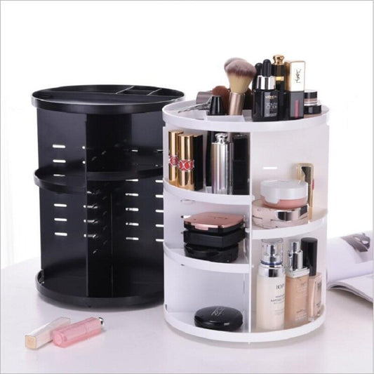 360° Rotating Makeup Organizer - Multi-Compartment Cosmetic Storage Box with Brush Holder & Jewelry Case