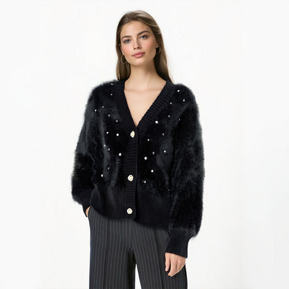 Chanel-Style Beaded Knit Cardigan - Cropped V-Neck Button-Up Sweater Jacket