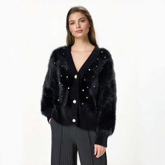 Chanel-Style Beaded Knit Cardigan - Cropped V-Neck Button-Up Sweater Jacket