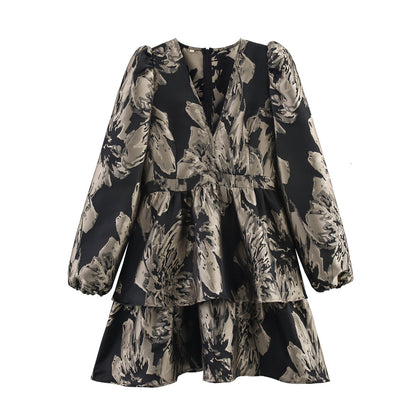 Women's Jacquard Layered Hem Long Sleeve Mini Dress | Gray