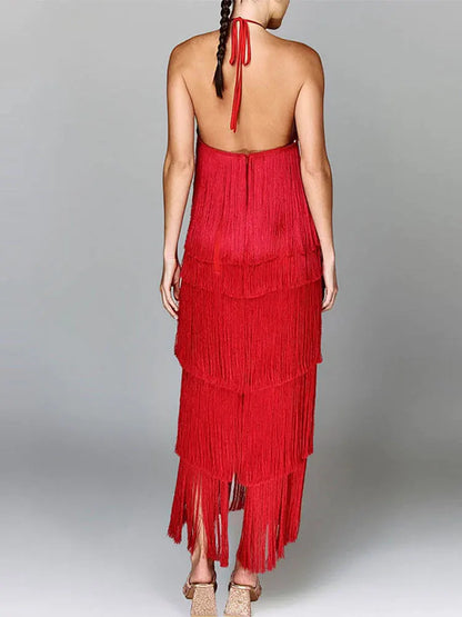 Robe longue à glands de couleur métallisée à licou tendance - Robe ajustée sans manches dos nu à lacets
