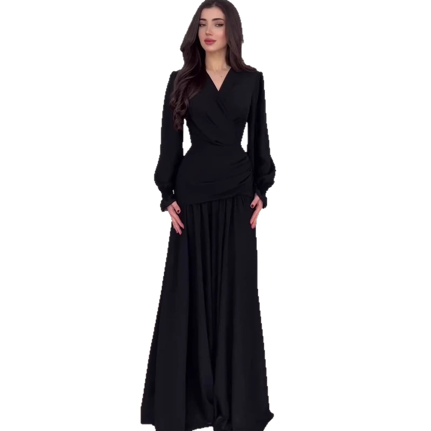 Elegant Polka Dot A-Line Long Sleeve Dress – Square Neck High Waist Women’s Chiffon Dress | Black & Burgundy