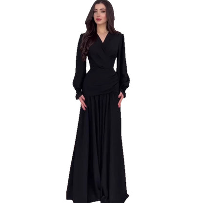 Elegant Polka Dot A-Line Long Sleeve Dress – Square Neck High Waist Women’s Chiffon Dress | Black & Burgundy