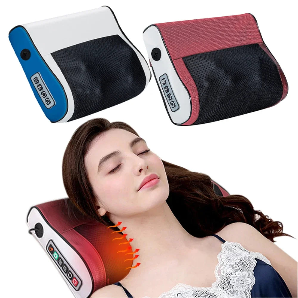 Electric shiatsu massage pillow with heat for neck, shoulders, back, and waist. Ideal for home, office, or car use with simple one-touch control.