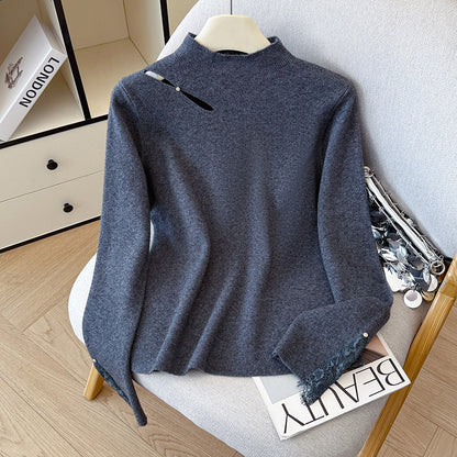 Lace Trim Halter Neck Knit Sweater - Hollow Out Long Sleeve