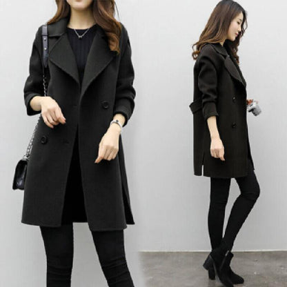 Women’s Classic Double-Breasted Wool Coat – Mid-Length Loose Fit | Elegant Slimming Winter Outerwear