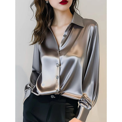 Women’s High-Quality Acetate Satin Shirt – Dark Green Long Sleeve | Elegant Luxury Blouse