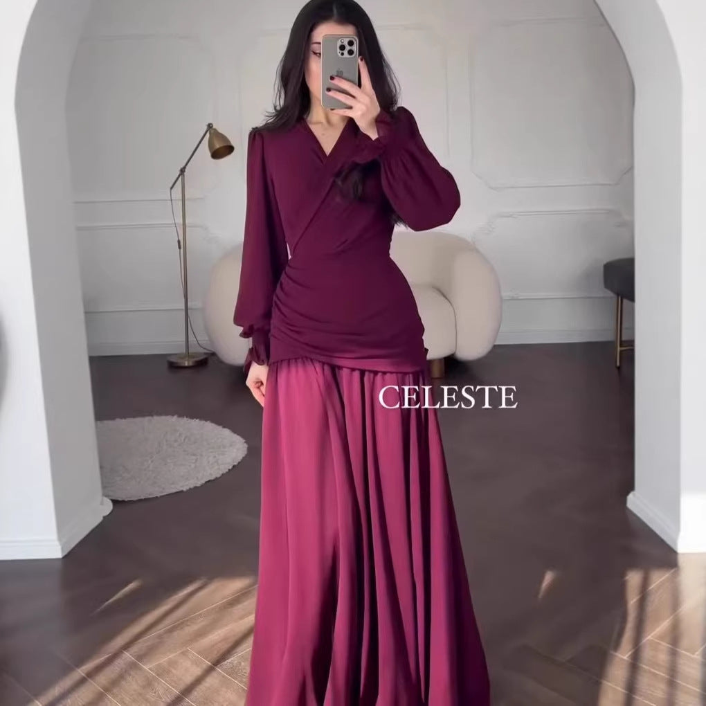 Elegant Polka Dot A-Line Long Sleeve Dress – Square Neck High Waist Women’s Chiffon Dress | Black & Burgundy