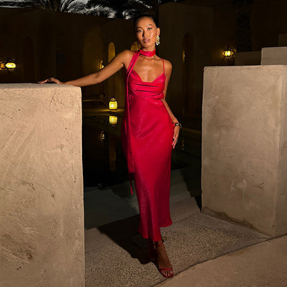 Sexy Slim Satin Ribbon Camisole Skirt - Sleeveless Round Neck Long Dress