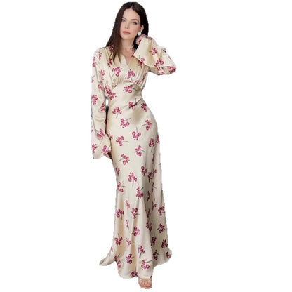 Women's Floral V-Neck Flared Sleeve Straight Cut Dress – Light Blue, White & Black
