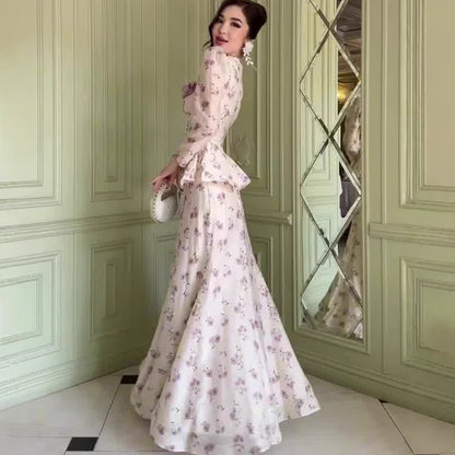 Women's Spring Floral Puff Sleeve Dress Set – Elegant Sweet Feminine Two-Piece