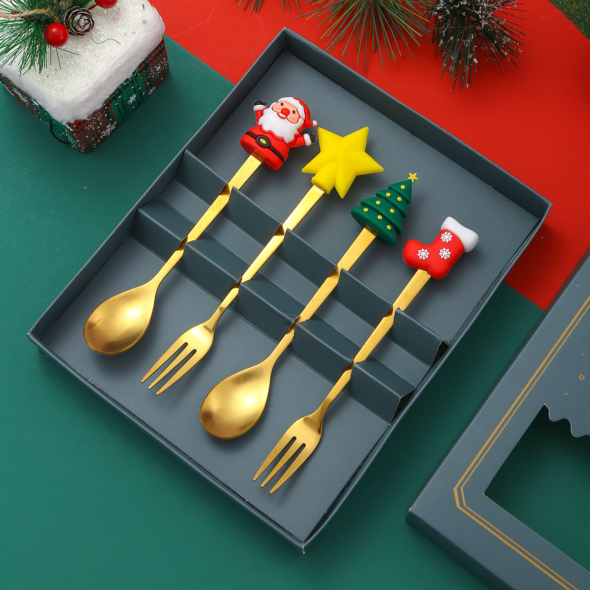 Elegant stainless steel coffee spoon and dessert fork set, perfect as a Christmas gift. Durable, stylish, and ideal for daily use or festive table settings.