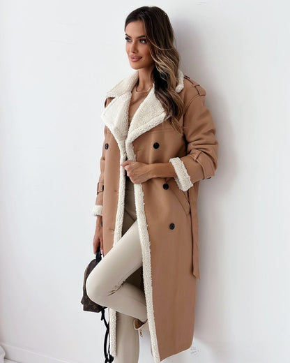Luxury Double-Layer Melange Coat with Stand Collar & Lapel – Faux Shearling Winter Outerwear, Elegant & Warm Outfit