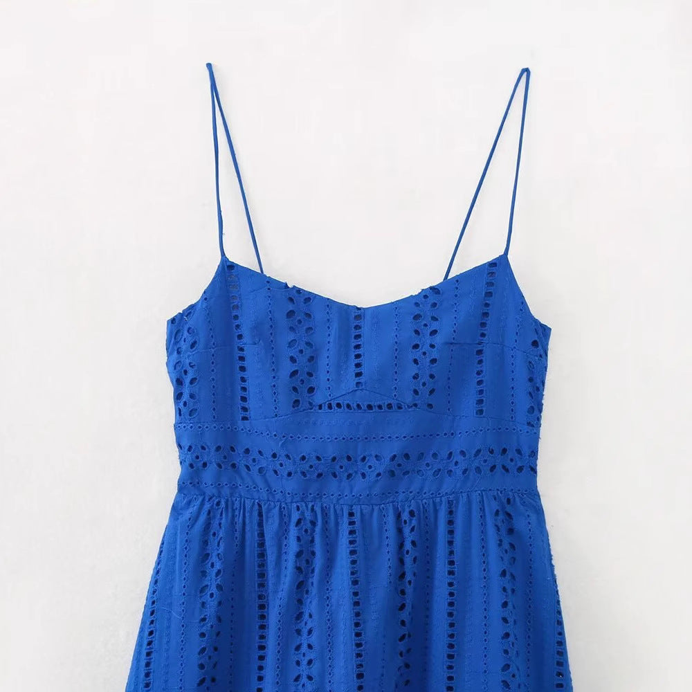 Women's Hollow Embroidered Camisole Maxi Dress | Blue