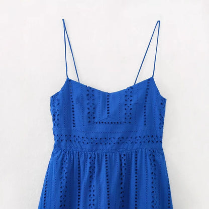 Women's Hollow Embroidered Camisole Maxi Dress | Blue