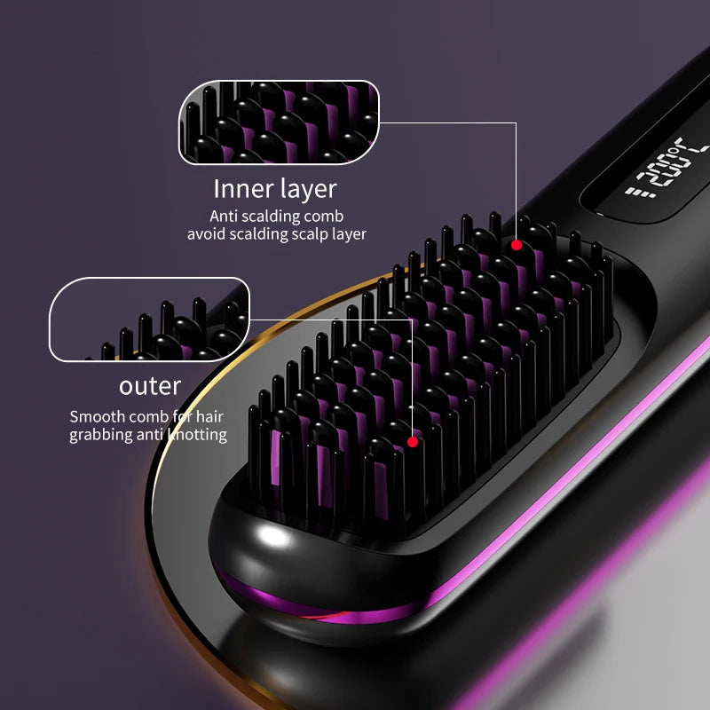 Cordless hair straightener comb with digital adjustable temperature. Safe, easy to use, and perfect for smooth styling at home or while traveling.
