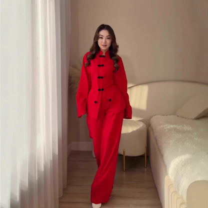 Women's Vintage Long Sleeve Loose Two-Piece Set – Dress & Long Pants, 5 Colors