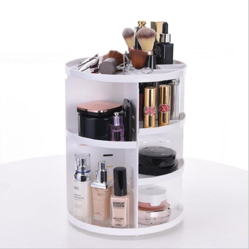 360° Rotating Makeup Organizer - Multi-Compartment Cosmetic Storage Box with Brush Holder & Jewelry Case