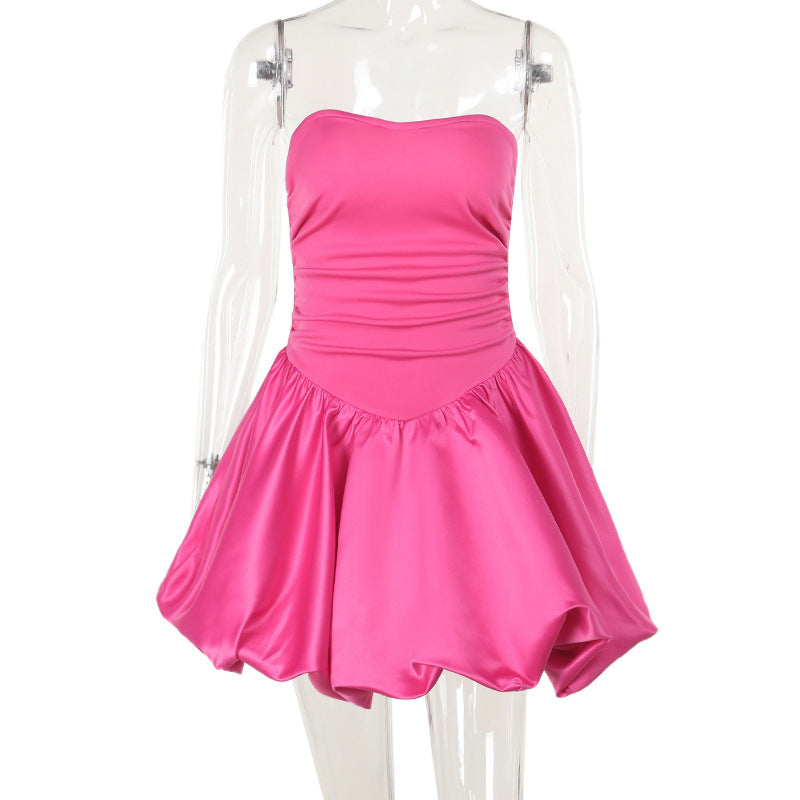 Sexy Slim Fit Patchwork Satin Strapless Skirt - Crimson Red Bodycon Mini Dress