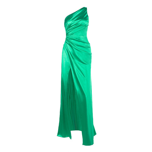 Slanted Shoulder Sexy Slit Satin Dress - Pleated Long Skirt Asymmetrical Bodycon