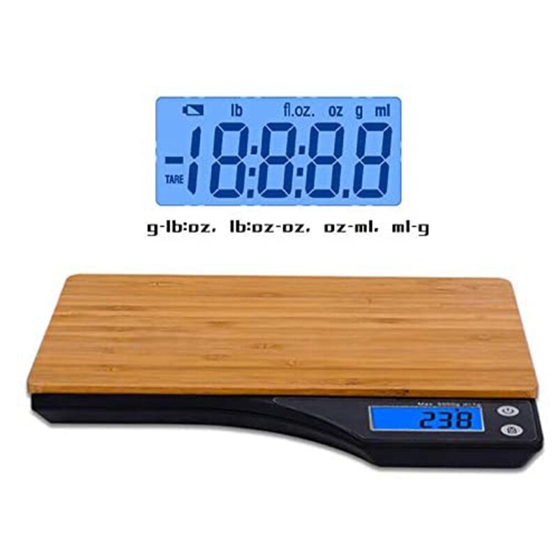 Accurate digital kitchen scale with a natural bamboo platform. Features tare function and precise measurement in grams and ounces for everyday cooking and baking.