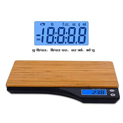 Accurate digital kitchen scale with a natural bamboo platform. Features tare function and precise measurement in grams and ounces for everyday cooking and baking.