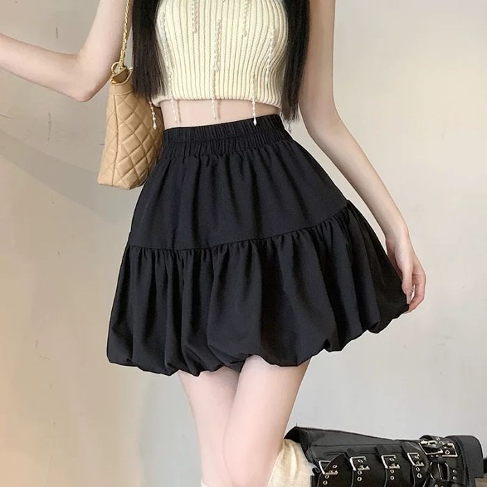 Women's Pleated A-Line Mini Skirt – Elastic Waist Bubble Skirt with Lining