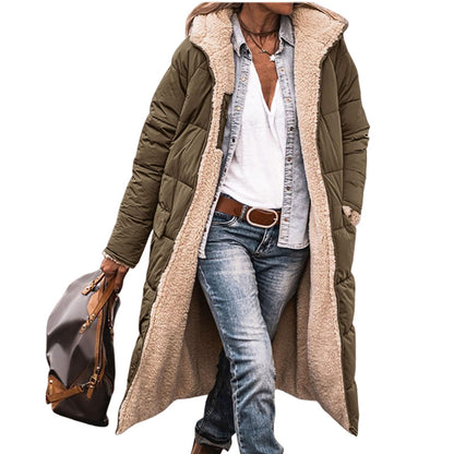 Zarusky™ Luxe Reversible Color-Block Hooded Cotton Coat for Women – Slim Fit Long Sleeve Winter Jacket | Premium Thick Designer Outerwear