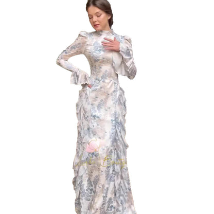 Women's Floral Print Satin Long Sleeve Bodycon Maxi Dress – Blue Leaves Tie Detail