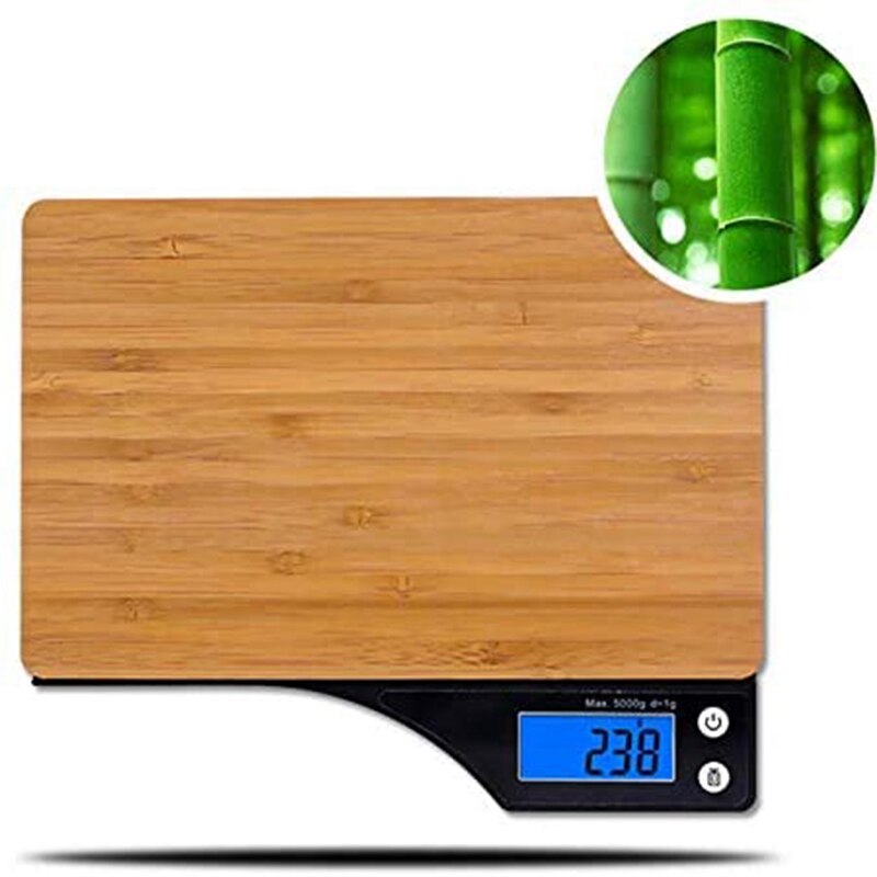 Accurate digital kitchen scale with a natural bamboo platform. Features tare function and precise measurement in grams and ounces for everyday cooking and baking.