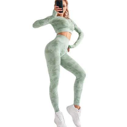 Camouflage 3-Piece Women’s Sportswear Set – Long Sleeve Sports Bra, Hip-Lifting Tight Pants & Fitness Yoga Suit