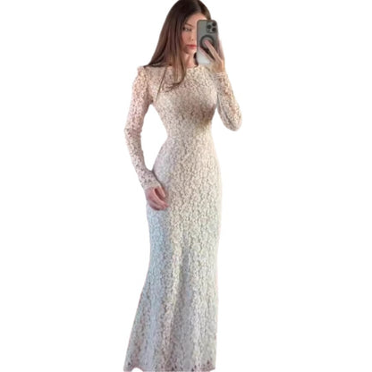Elegant Long Sleeve Fitted Maxi Dress – High Waist Solid Color Women’s Autumn Fashion