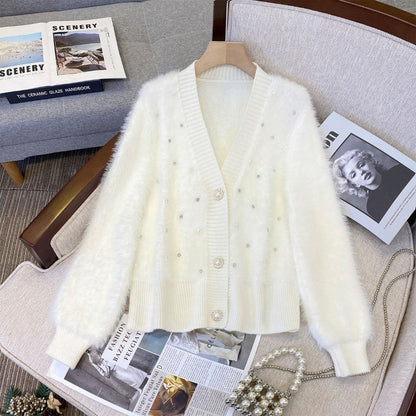 Chanel-Style Beaded Knit Cardigan - Cropped V-Neck Button-Up Sweater Jacket