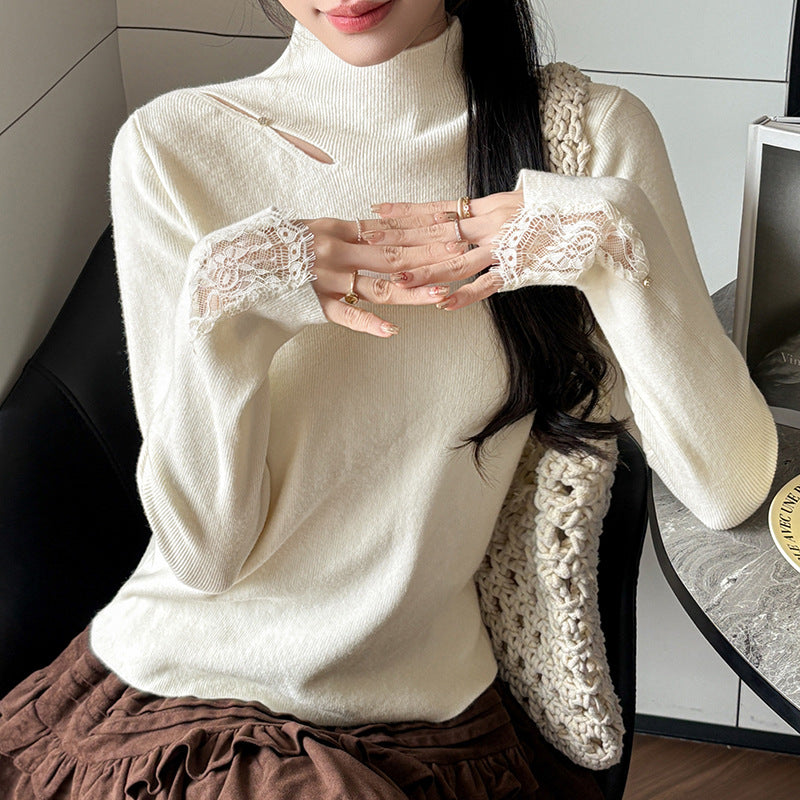Lace Trim Halter Neck Knit Sweater - Hollow Out Long Sleeve