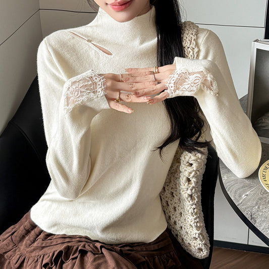 Lace Trim Halter Neck Knit Sweater - Hollow Out Long Sleeve