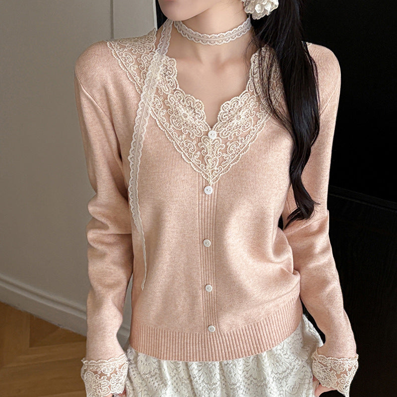 V-Neck Knit Sweater with Button Detail - Long Sleeve Pullover