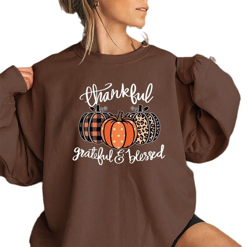 Back collar with plush sweatshirt round neck with pumpkin print