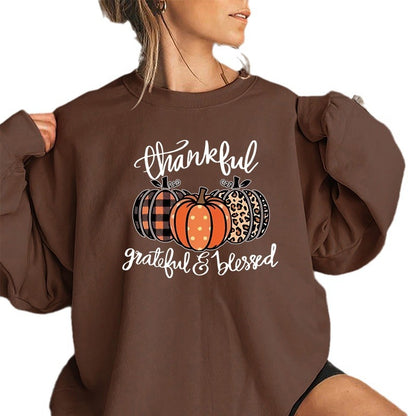 Back collar with plush sweatshirt round neck with pumpkin print