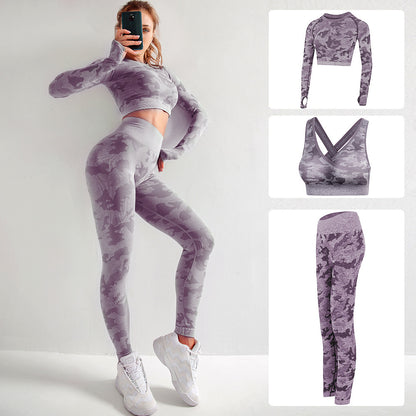 Camouflage 3-Piece Women’s Sportswear Set – Long Sleeve Sports Bra, Hip-Lifting Tight Pants & Fitness Yoga Suit
