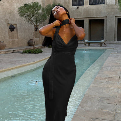 Sexy Slim Satin Ribbon Camisole Skirt - Sleeveless Round Neck Long Dress