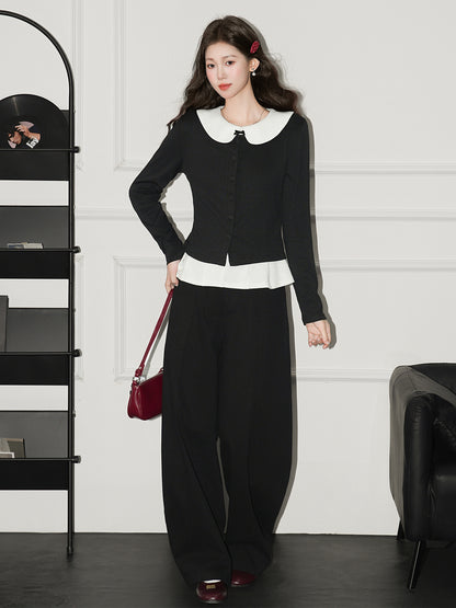 Knit Cardigan & Bow Collar Vest Set - Slim Fit Two-Piece Top