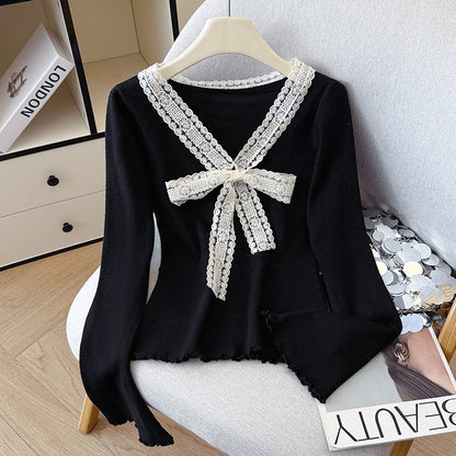 V-Neck Knit Sweater with Bow Detail - Flared Sleeve Pullover