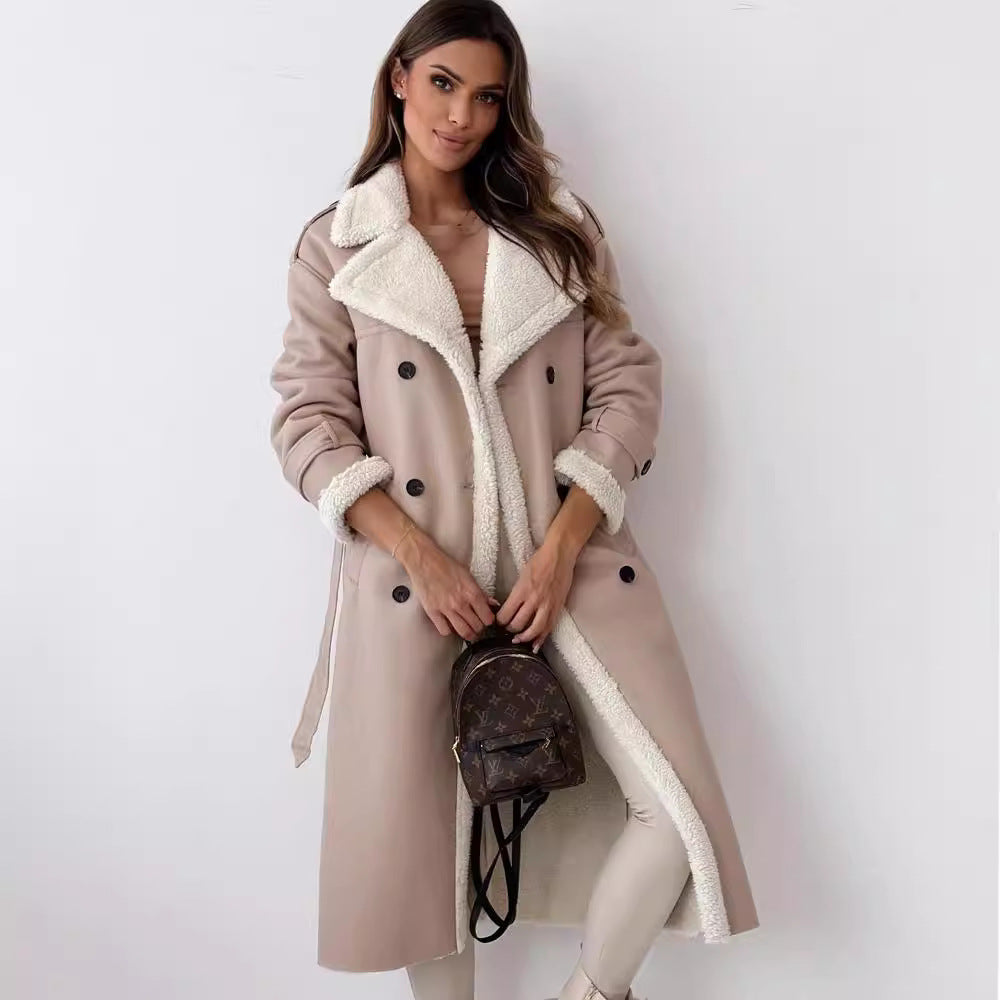 Luxury Double-Layer Melange Coat with Stand Collar & Lapel – Faux Shearling Winter Outerwear, Elegant & Warm Outfit
