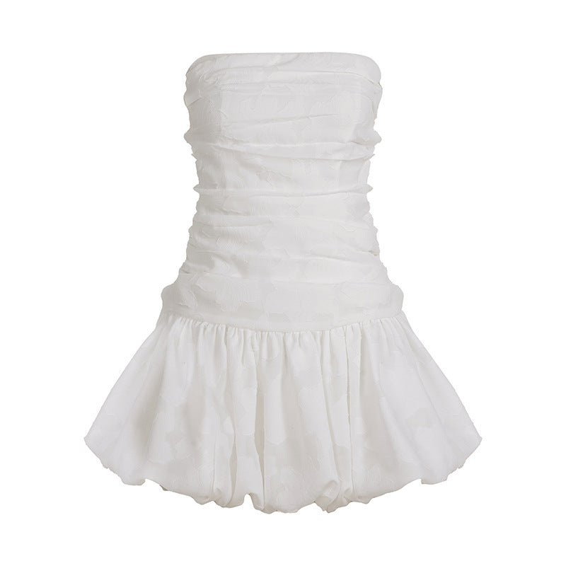 White Off-Shoulder Pleated Mini Dress - Sleeveless Bubble Hem