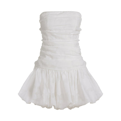 White Off-Shoulder Pleated Mini Dress - Sleeveless Bubble Hem