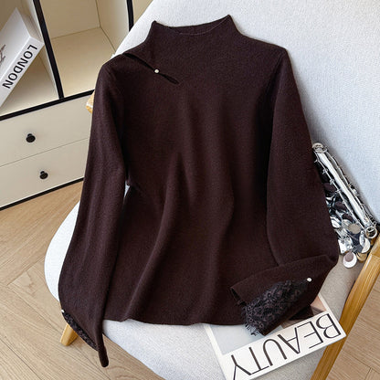 Lace Trim Halter Neck Knit Sweater - Hollow Out Long Sleeve