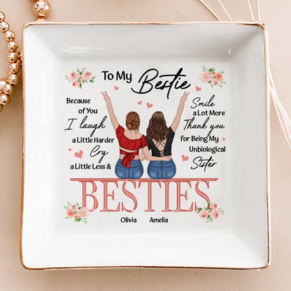 Heartfelt friendship jewelry dish with “I Laugh More, Cry Less” message. A meaningful thank-you gift for best friends—beautiful, practical, and sentimental.