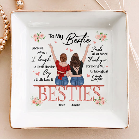 Heartfelt friendship jewelry dish with “I Laugh More, Cry Less” message. A meaningful thank-you gift for best friends—beautiful, practical, and sentimental.